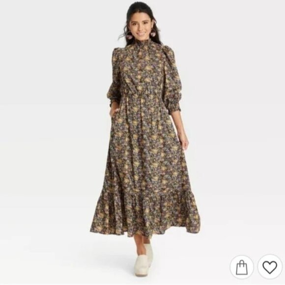 Universal Thread Black Floral Balloon Sleeve Dress Cottagecore - Picture 3 of 4